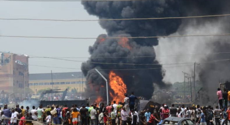 Fire explosion rocks Abule Ado area of Lagos on Sunday morning. (Punch)