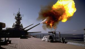 The battleship USS Wisconsin fires one of its Mark 7 16-inch guns at an Iraqi shore target during 1991's Operation Desert Storm.CORBIS/Corbis via Getty Images