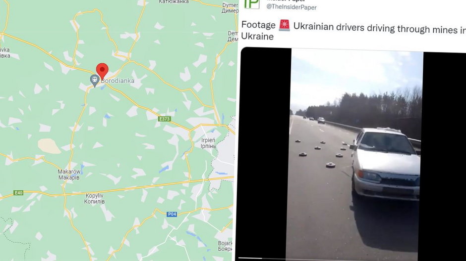 Samochody jeżdżą między minami na autostradzie w okolicach Borodzianki