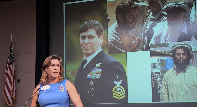 Kristin Beck speaks at the FBI Criminal Justice Information Services Division in Clarksburg, West Virginia, in 2014.