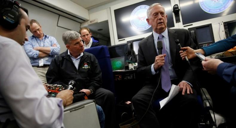 US Defence Secretary Jim Mattis briefs reporters en route to Riyadh on April 18, 2017, at the start of a Middle East tour