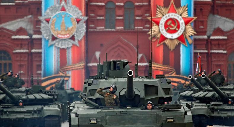 Russian troops on parade at Red Square in Moscow to commemorate the 72nd anniversary of the end of World War II in Europe.
