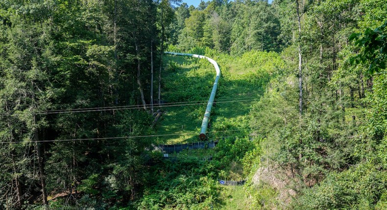 A section of the Mountain Valley Pipeline, MVP, is halted above a wetland area August 25, 2022 in Ireland, West Virginia.Robert Nickelsberg/Getty Images