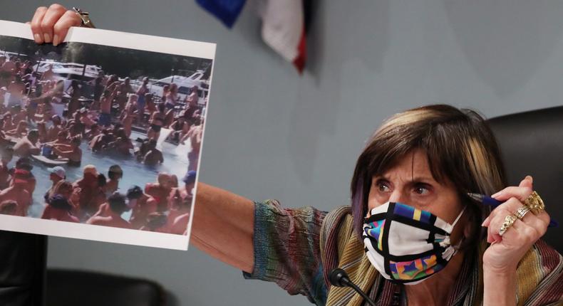 Chairwoman Rosa DeLauro wears a protective mask as she speaks at a hearing on COVID-19 response held by the House subcommittee on Labor, Health and Human Services, Education, and Related Agencies, on Capitol Hill in Washington, D.C., U.S., June 4, 2020. Tasos Katopodis/Pool via REUTERS