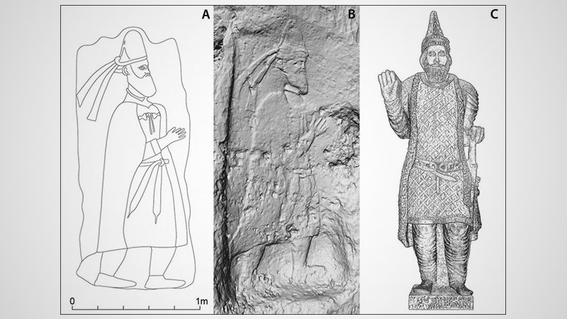 A i B: reliefy z Rabana-Merquely, C: posąg Attalosa z Adiabene
