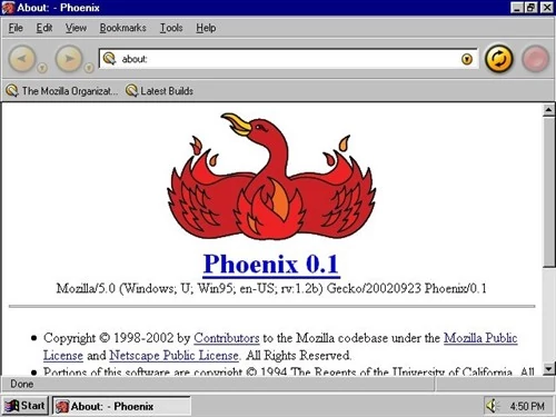 Przeglądarka Phoenix 0.1. To od niej wszystko się zaczęło. Mozilla.