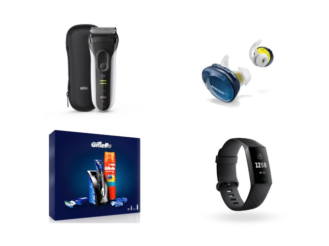 Prezenty dla mężczyzny, który lubi sport: Fitbit Charge 3 -  659 zł; Bose SoundSport Free – 849,00 zł; Gillette Styler – cena ok. 100 zł; Braun Series 3 – 499 zł