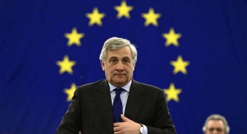 Newly elected European Parliament President Antonio Tajani reacts after his election in Strasbourg, eastern France, on January 17, 2017
