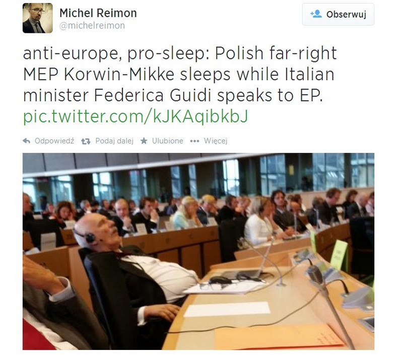 Janusz Korwin-Mikke w PE w 2014 roku, fot.: Twitter