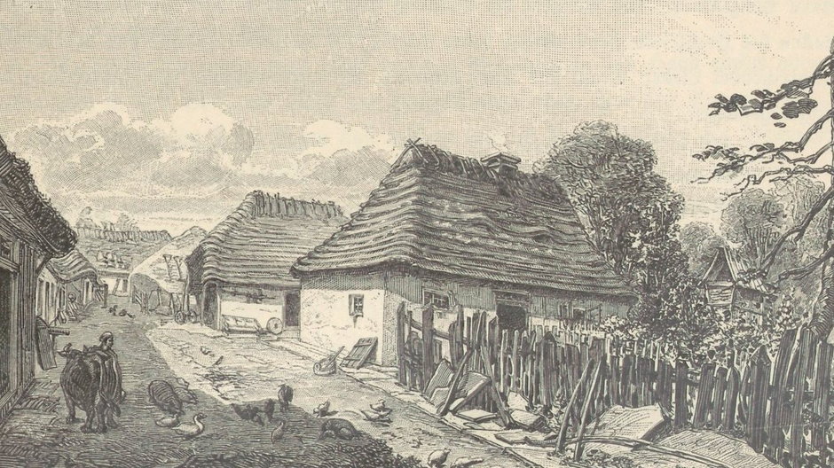 Galicyjska wieś na rysunku z drugiej połowy XIX wieku (polona).