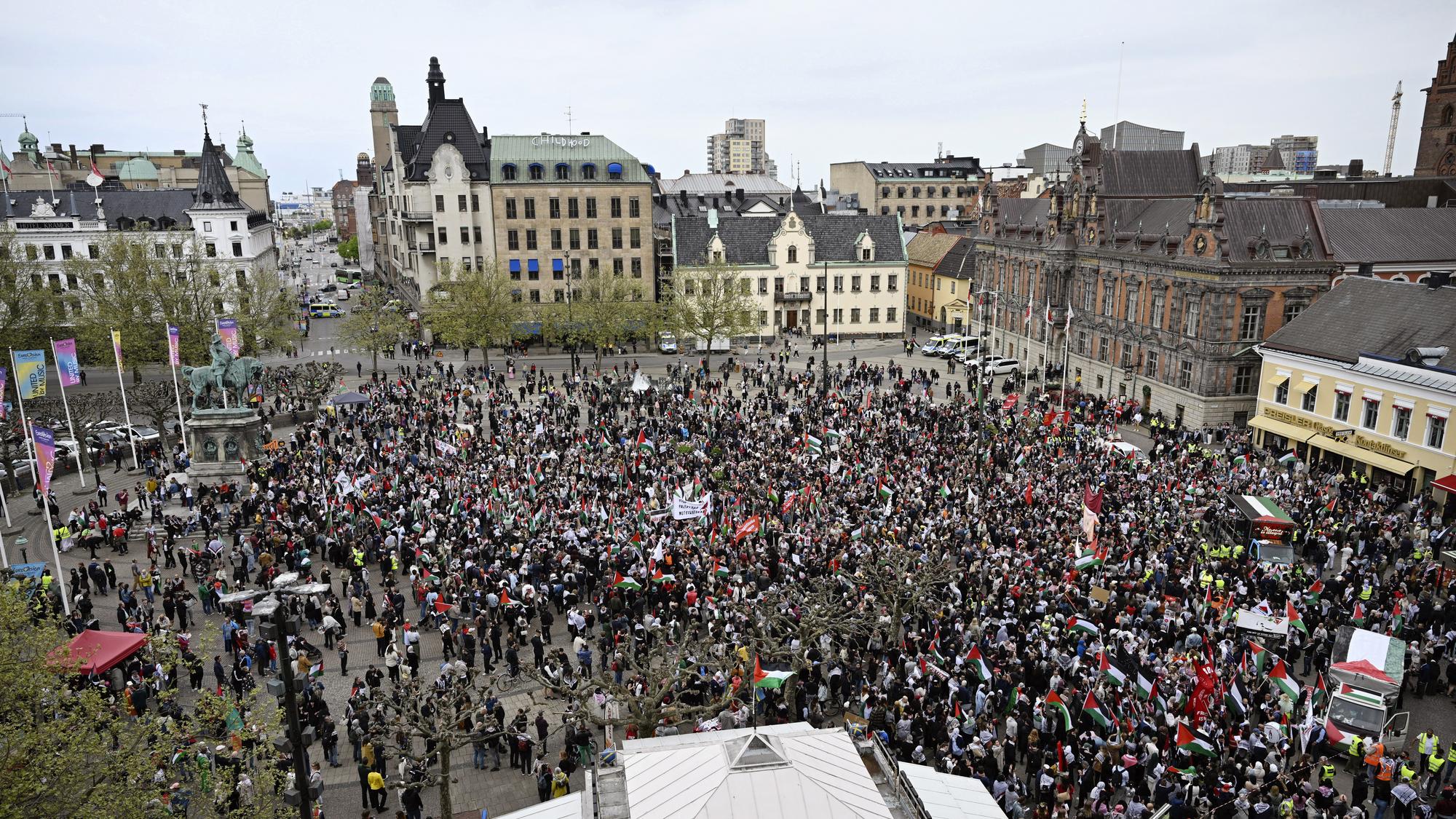 Propalestínske protesty v Malmö pred druhým semifinále 68. ročníka Pesničkovej súťaže Eurovízie.