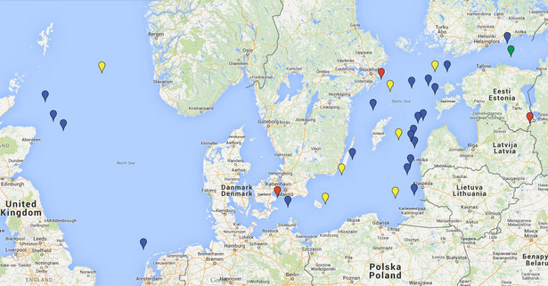 Bliskie spotkania sił NATO i Rosji w rejonie Morza Bałtyckiego i Morza Północnego. Na czerwono zaznaczono incydenty "wysokiego ryzyka", na żółto "poważne incydenty", na niebiesko "incydenty rutynowe", zaś na zielono "inne incydenty". Źródło: Raport European Leadership Network (ELN) pt.: „Niebezpieczne konfrontacje. incydenty wojskowe między Rosją a Zachodem w 2014 roku”