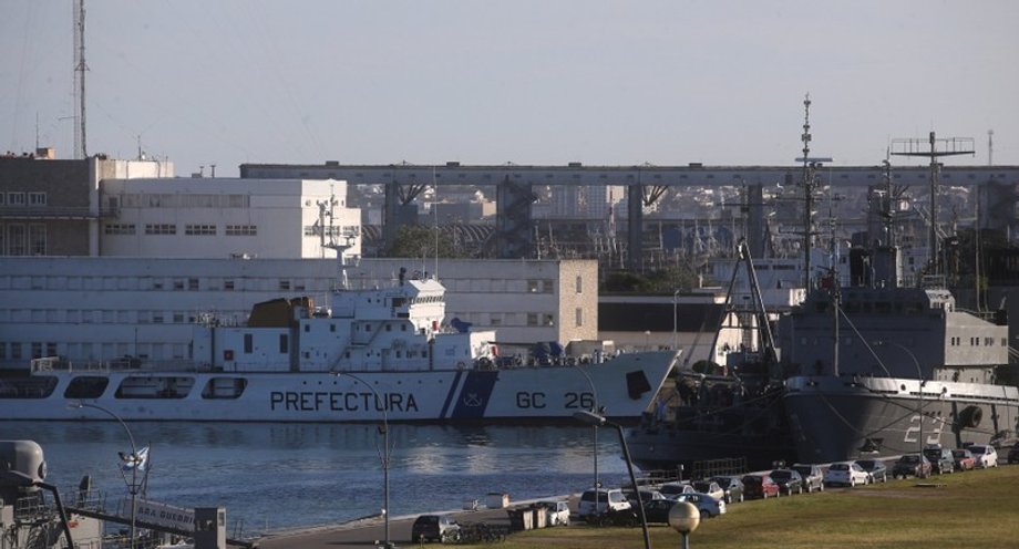 An Argentine coast guard ship at the naval base where the submarine sailed from.