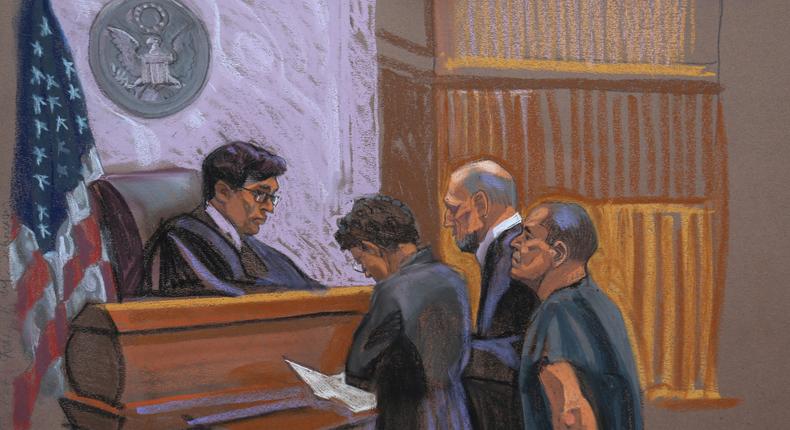 Joaquin El Chapo Guzman, right, and defense attorneys Michael Schneider, center right, and Michelle Gelernt, center left, in a court sketch, January 20, 2017.