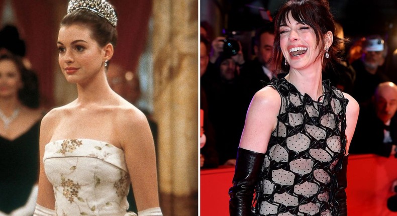 Anne Hathaway in The Princess Diaries (left) and on a 2023 red carpet (right).Buena Vista Pictures and Dominique Charriau/Getty Images