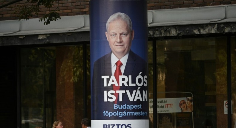 Campaign billboard for city mayor Istvan Tarlos in Budapest ahead of municipal elections seen as a rare chance for the opposition to roll back the power of Prime Minister Viktor Orban