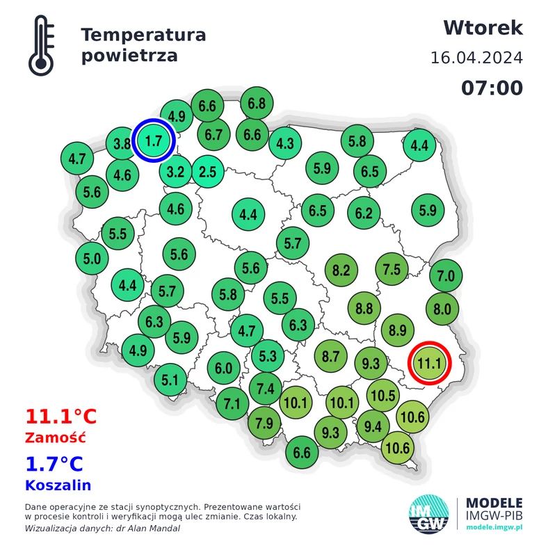 Temperatura powietrza w Polsce o godz. 7