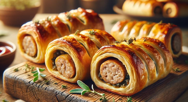An AI-generated image of perfectly flaky, juicy, homemade sausage rolls
