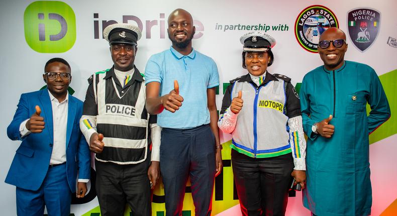 L-R: Deputy Group Head, Integrated Indigo Limited, Adeleye Adeyemo; Corporal, Nigeria Police Force, Mr. Bankole Mathew; Senior Business Development, Representative, inDrive, Mr. Timothy Oladimeji; Chief Superintendent of Police, Nigeria Police Force, Mrs. Funmilayo Omosehin and Director, Transport Operations, Lagos Ministry of Transportation, Engr. Olasunkanmi Ojoowuro during the Safety Education event organized by inDrive in partnership with Lagos State Ministry of Transportation and Nigeria Police Force held in Lagos