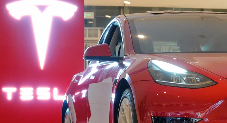 A Tesla Model 3 is displayed at the Tesla Experience store in Joy City, Yantai, East China's Shandong Province, Oct 17, 2021.