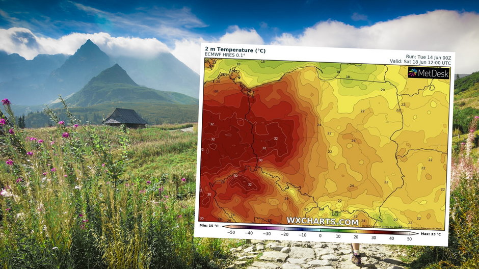 Przed nami solidne uderzenie gorącego powietrza, a po nim burze i ochłodzenie (mapa: wxcharts.com)