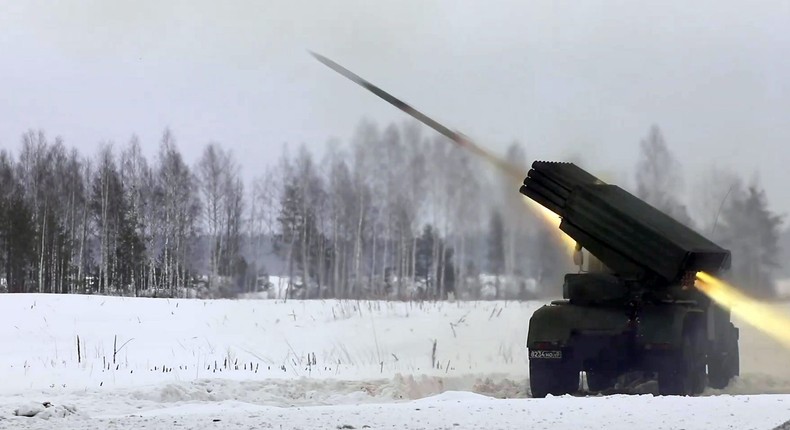 A rocket launcher shoots missiles during tactical and special exercises with scouts of the Guards Tank Army of the Western Military District at the Golovenki training ground in the Moscow region, Russia, on January 28, 2022.