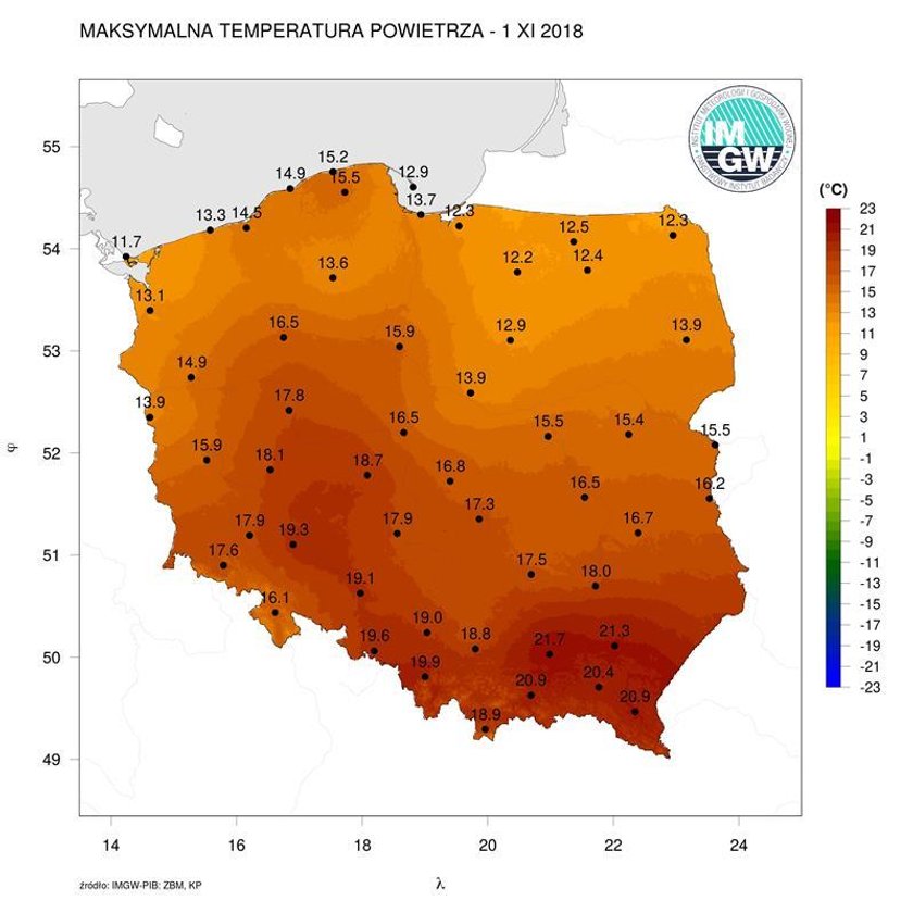 1 listopada – temperatura maksymalna