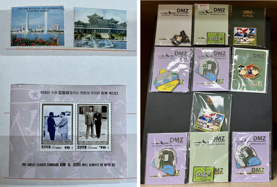 W ofercie są też oryginalne północnokoreańskie znaczki (na zdjęciu z Kim Ir Senem) oraz przypinki do ubrań