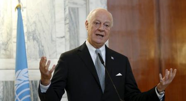 United Nations special envoy for Syria Staffan de Mistura talks during a joint news conference with Italian Foreign Minister Paolo Gentiloni in Rome, Italy December 7, 2015.