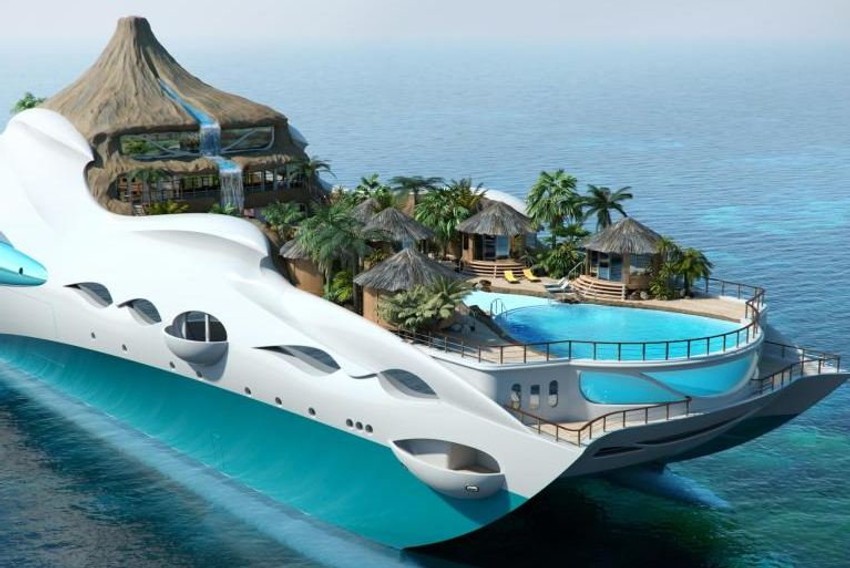 Savršenija varijanta velike privatne jahte mogao bi da bude projekat “Tropical Island Paradise”. Britanska kompanija “Yacht Island Design” napravila je jahtu sa “vulkanom” iz koga se izliva voda i puni bazen na glavnoj palubi.   Pogled iz vazduha: Bungalovi za goste i bazen     “Ulice Monaka” je drugi projekat kompanije “Yacht Island Design”. Kneževina u mini formatu ima i krivinu staze za Formulu 1 i kockarnicu.   Smeli planovi: “Utopija” liči na svemirski brod koji se spustio u more.   Zajednički projekat “Yacht Island Design” i brodogradilišta “BMT Nigel Gee” ima dimenzije 100x100 metara i nije predviđen za plovidbu.   Izgleda kao NLO ili hipermoderna naftna platforma: Modernističko pristanište za duži boravak ima barove, restorane, prodavnice, pozorišta i kockarnice.