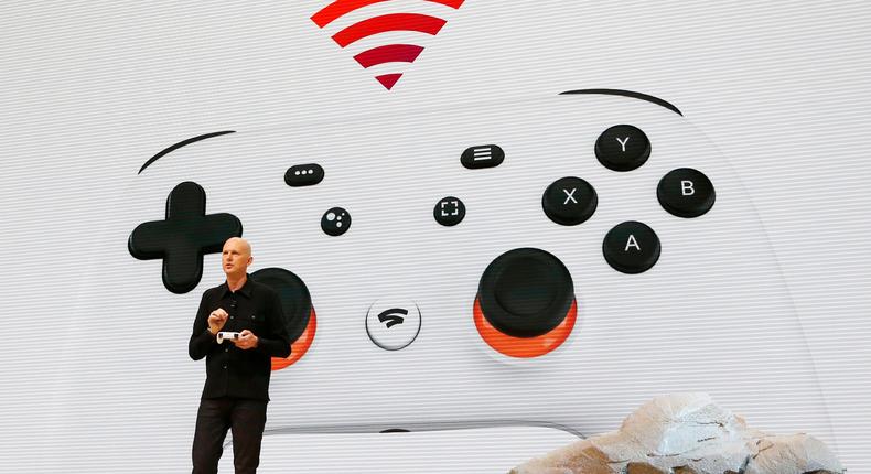 Google vice president and general manager Phil Harrison speaks during a Google keynote address announcing a new video game streaming service named Stadia at the 2019 Game Developers Conference in San Francisco.
