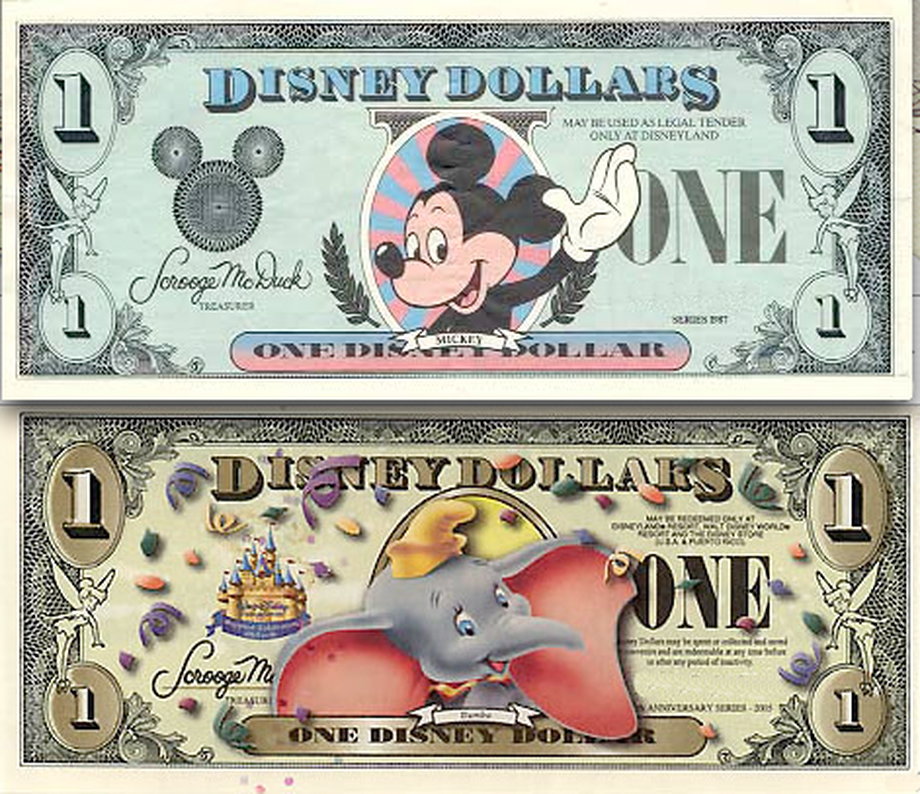 Na dolarach Disney'a znajdują się wizerunki Myszki Miki czy słonia Jumbo