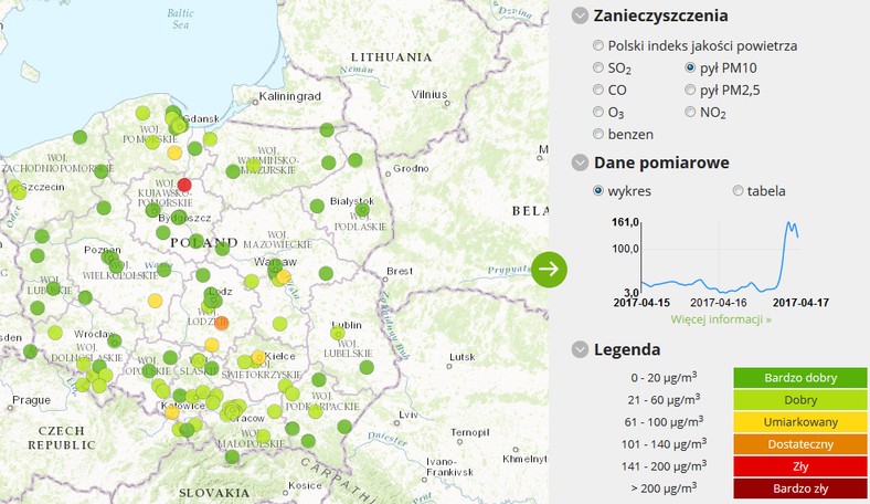 Stężenie pyłu PM10 - 2017-04-17 od godziny 03.00 do 04.00