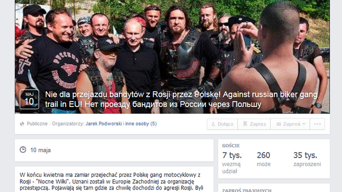 Internauci sprzeciwiają się przejazdowi przez Polskę - "Nocnych wilków" - rosyjskiego gangu motocyklistów, sympatyzującego z prezydentem Władimirem Putinem. Na Facebooku nazywają ich "bandytami", którzy "mordują i rabują". Aleksander Załdostanow, lider rosyjskiego klubu motocyklistów odpowiada na mocne zarzuty i odgraża się Polakom.