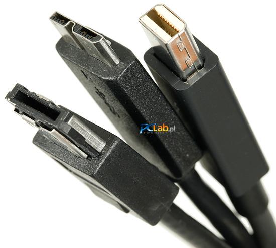 Od lewej: eSATA, końcówka USB 3.0 do dysku Seagate Backup Plus, Thunderbolt