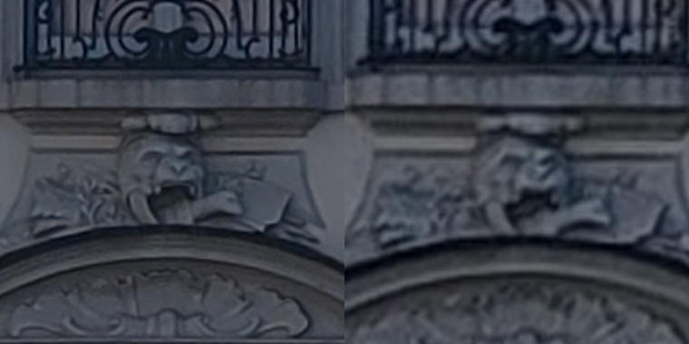 Wycinki w skali 1:1 z obrazu 200 MP (po lewej) oraz z interpolowanego do tej samej rozdzielczości obrazu 12 MP