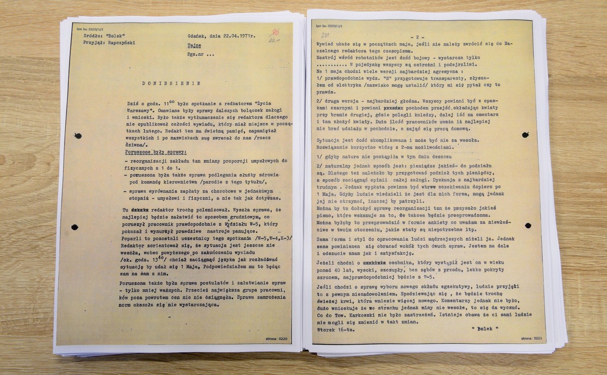 Jeden z donosów z teczki personalnej tajnego współpracownika SB o pseudonimie Bolek ujawnionej przez IPN