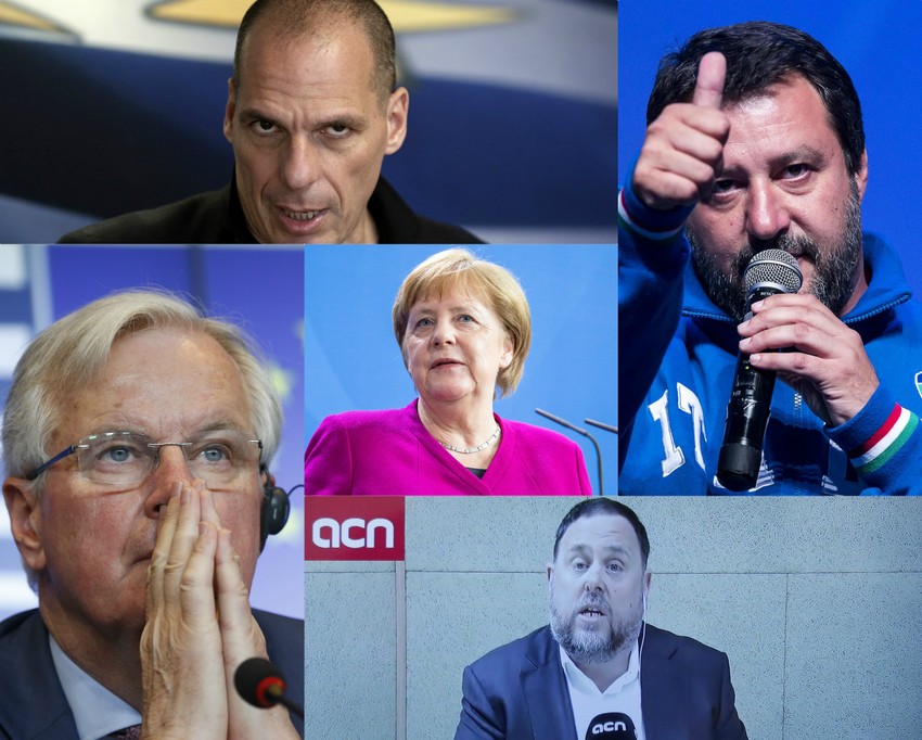Mogući kandidati koji nisu učestvovali u debati: Janis Varufakis (gore), Mateo Salvini (D), Mišel Barnijer (L), Angela Merkel (C) i Oriol Hunkveras (dole)