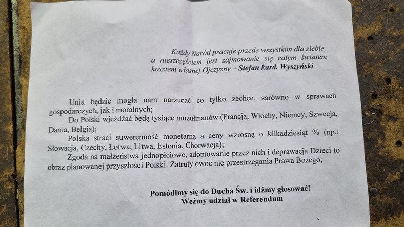 Ulotka rozdawana wiernym w Gliwicach