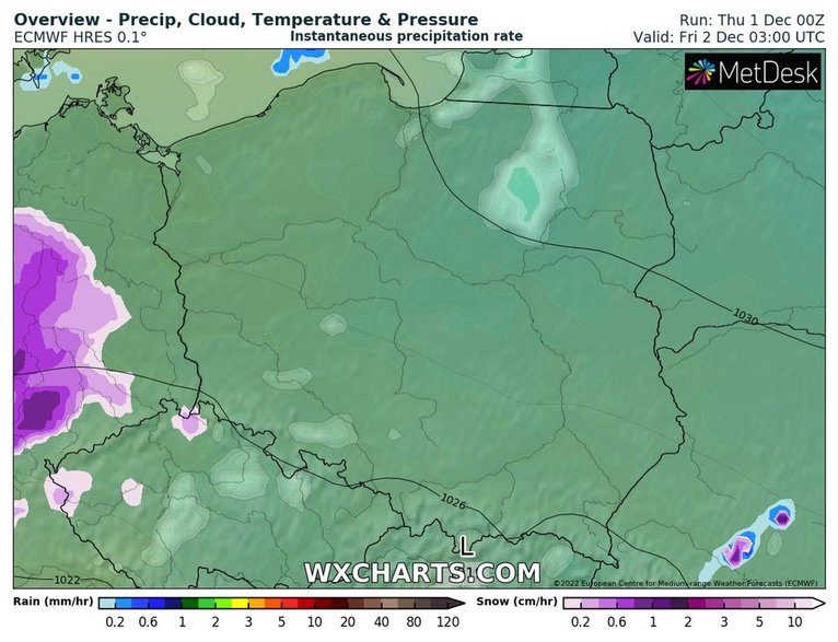 W nocy sporo chmur, ale opadów bardzo niewiele