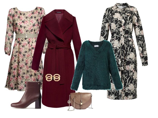 Romantyczne STYLIZACJE na zimę: beżowa sukienka w różowe kwiaty – Midori Feminine Fashion/midori.pl, czarna sukienka w beżowe kwiaty – Trynite/trynite.pl, zielony sweter – Cotton Club/cottonclub.pl, bordowy płaszcz – Dziekański/dziekanski.pl, torebka – Boca/boca.pl, kolczyki – Tkmaxx,  botki – Menbur/menbur.pl