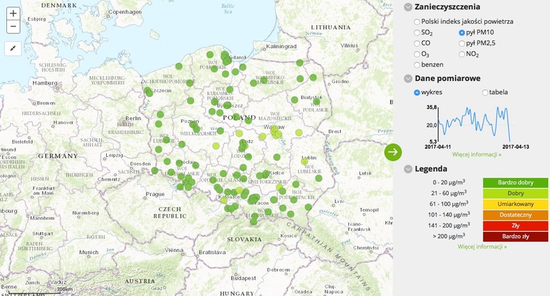 Stężenie pyłu PM10 - 2017-04-13 od godziny 04:00 do 05:00