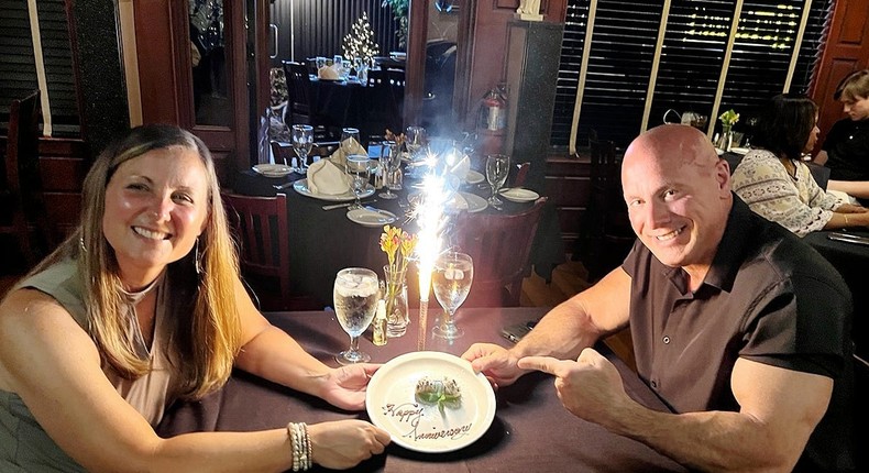 The author, right, and his wife don't speak when out to dinner.Courtesy of Ryan Crawley