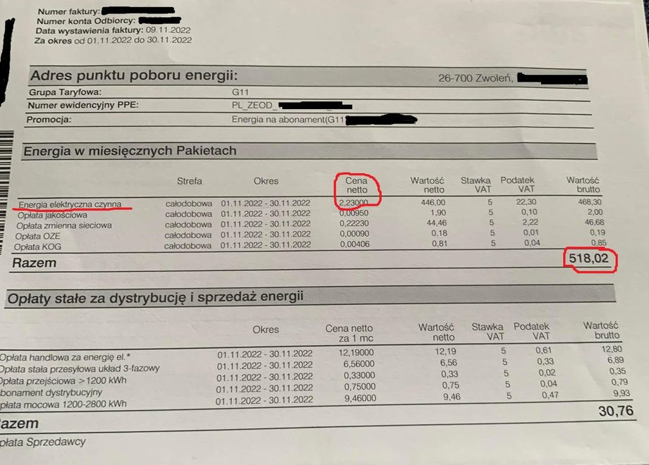 Rachunek za prąd naszej czytelniczki za listopad 2022 r.