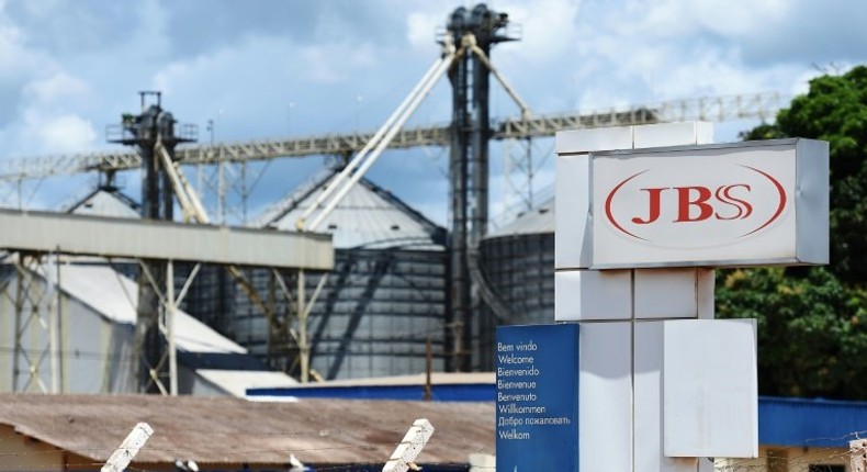 View of the JBS-Friboi Logo at the chicken processing plant entrance, in Samambaia, Federal District, Brazil on March 17, 2017