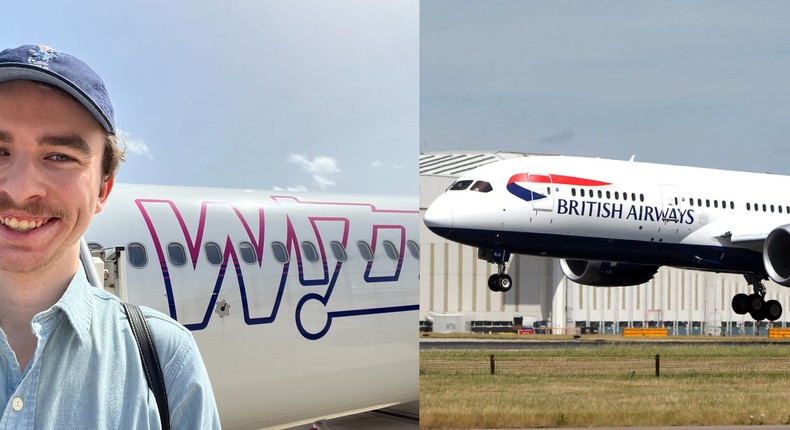 The author in front of a Wizz A321neo, and a British Airways A321neo.Pete Syme/Business Insider; Steve Parsons/PA Images/Getty Images