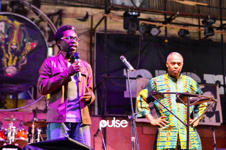 Segun 'Segalink' Awosanya with Femi Kuti during a protest against Police brutality in Lagos on Friday, April 5, 2019 