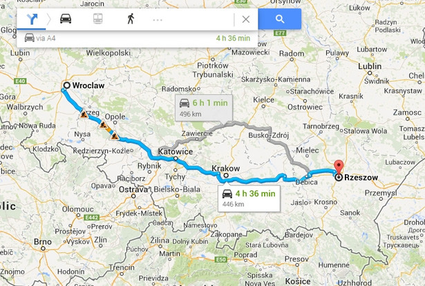 Trasa z Wrocławia do Rzeszowa. Źródło: Google