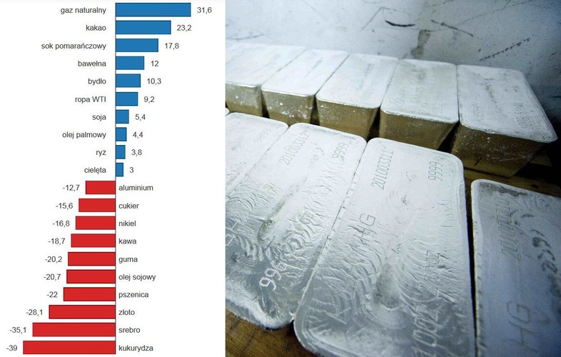 Nieco gorzej niż akcje w rynków wschodzących poradziły sobie fundusze złota – te straciły średnio ponad 24 proc. Na światowych rynkach złoto potaniało o 28 proc., a inny popularny metal, srebro, straciło na wartości 35 proc. Na wykresie: najlepsze i najgorsze inwestycje w surowce w 2013 r. - zmiana wartości liczona w USD w 2013 r.