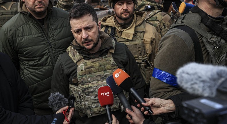 Ukrainian President Volodymyr Zelenskyy speaking to reporters in Bucha, Ukraine, on April 4, 2022.